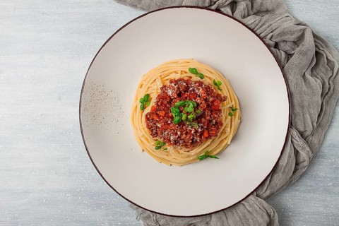 Spaghetti Bolognese, top view, close-up, no people, homemade