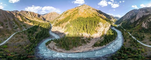 Mountain landscape with river in a narrow mountain valley in autumn, Little Naryn or Kichi-Naryn,