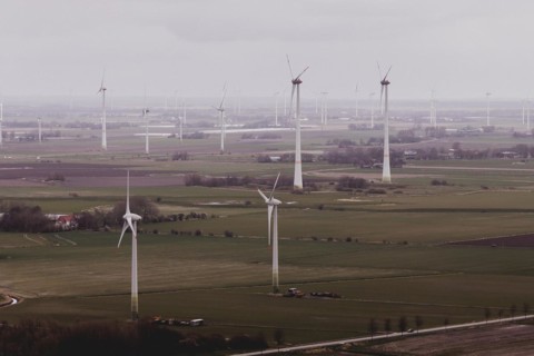 Aerial view of wind turbines, taken near Wischhafen, 25/03/2024