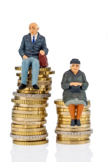 Pensioner and pensioner sitting on a pile of money, studio