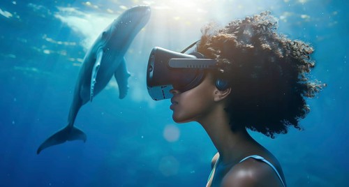 Woman wearing VR headset is looking at a whale in the ocean. Concept of virtual reality and gaming,