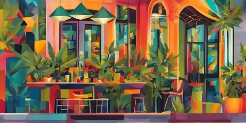 Abstract composition of a cannabis cafe with ambiance bold contrasting colors and playful shapes,