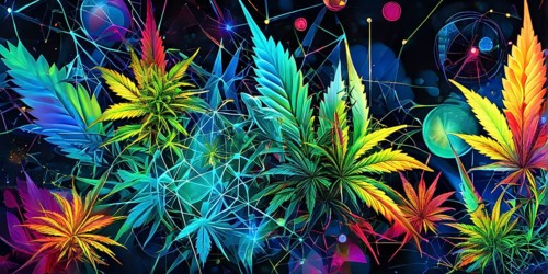 Abstract painting of chemical structure of thc and cbd interlocking geometric shapes, AI generated