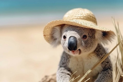 Koala bear with summer straw hat at beach. KI generiert, generiert AI generated