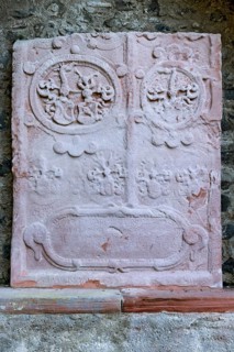 Medieval grave slab, tombstone of the Schelme zu Bergen, relief in red sandstone, castle garden,