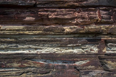 Close up of Devonian Old Red Sandstone in sea cliff at Duncansby Head near John o' Groats,