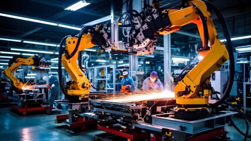 AI generated automotive assembly line in car manufacturing progression with automated machines
