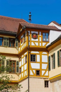 Half-timbered building, clock, window, clock face, hands, time, bell, Hohentübingen Castle, Museum