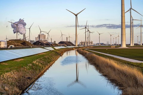 Solar park on the Slaperdijk dyke near the Eemshaven, test project, 17, 000 solar modules were