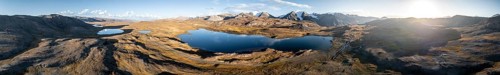Panorama, aerial view, mountain peaks and mountain lake, evening mood, Arabel Lake at Arabel Pass,