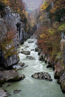 View from the Salzach bridge to the river Salzach and the Salzach gorge (Salzachöfen), autumn.