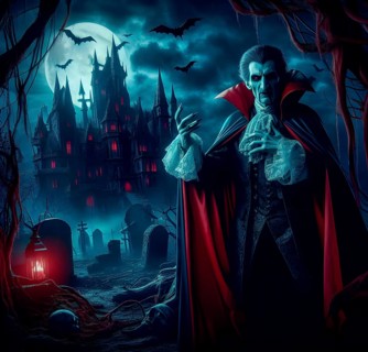 Mythology, the vampire Count Dracula in front of a cemetery with bats and his castle, AI generated,