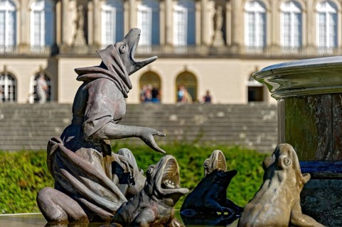 Farmer's wife in transformation from human to frog, hybrid creature, figure, gargoyle at the Latona