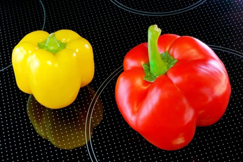 Red and yellow peppers on a glass plate, Stillife, Studio