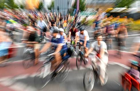 Cycling and environmental organisations demonstrate against transport policy. The bicycle