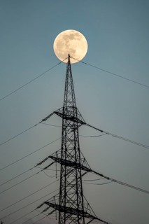 Full moon, high voltage pylon, pylon, Germany, Europe