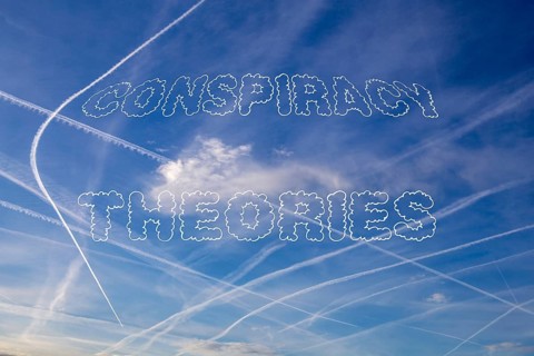 Symbolic image Conspiracy Theories : Sky with contrails with the words Conspiracy Theories