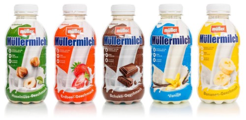 Muller's milk of various flavours in bottles from Theo Müller, cropped against a white background