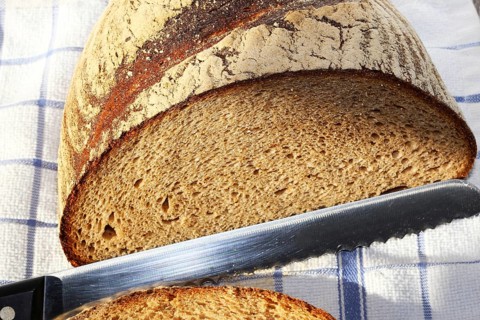 Close-up of a good, crusty sliced loaf of bread