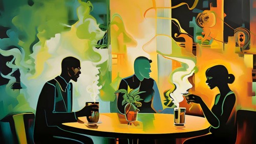 Abstract composition of a cannabis cafe with ambiance bold contrasting colors and playful shapes,