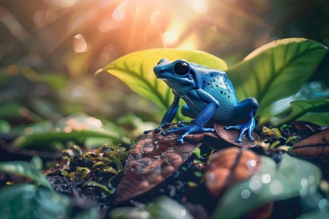 Blue poison dart frog on leaves, AI generated