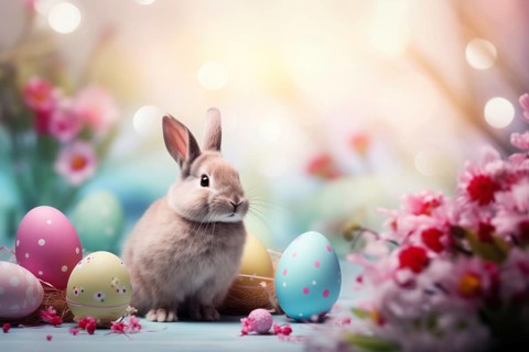Cute Easter bunny sits beside colorful, decorated eggs amidst a vibrant green field under the