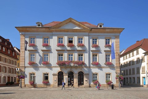 Town Hall with EU flag, Town Hall Square, Landau in der Pfalz, Rhineland-Palatinate, Germany,