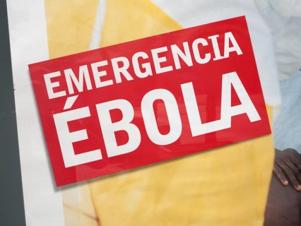 Close up of charity advert fundraising for Ebola emergency in West Africa, Spain, Europe