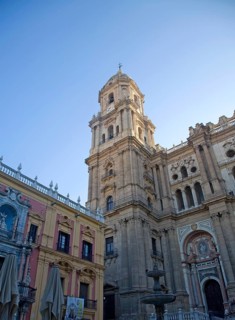 Bell tower Baroque architecture exterior of the cathedral church of Malaga city, Spain, Santa