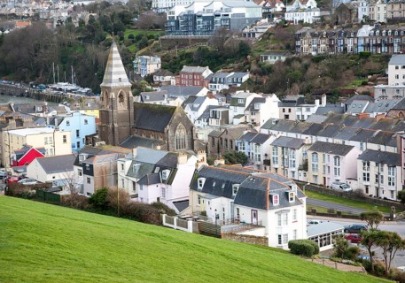 Historic buildings clustered around the harbour, Ilfracombe, north Devon, England, United Kingdom,