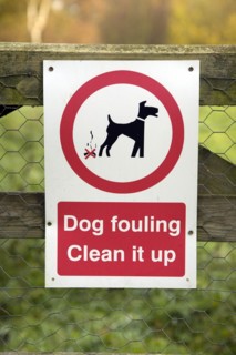 Sign saying Dog fouling Clean it up on fence, UK
