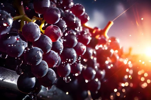 Harvest ready grape bunches with water droplets sparkling in the sunlight, AI generated
