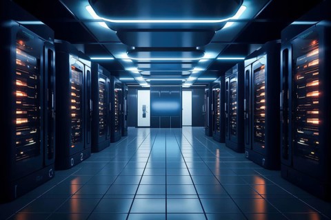 A modern data center with rows of server racks, high technology, artificial intelligence AI and