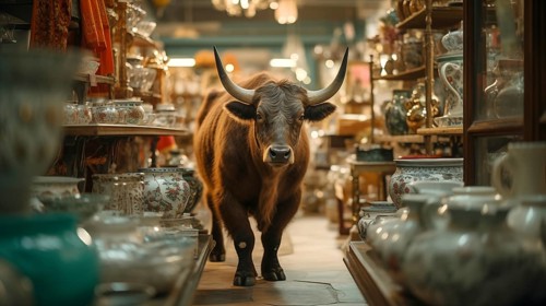 Very large bull with horns in a China shop filled with glassware. generative AI, AI generated