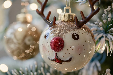 Cute Christmas tree bauble with reindeer face on tree. Generarive Ai, AI generated