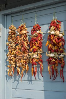 Threaded dried chilli peppers, garlic, bay leaves, market sale, Croatia, Europe