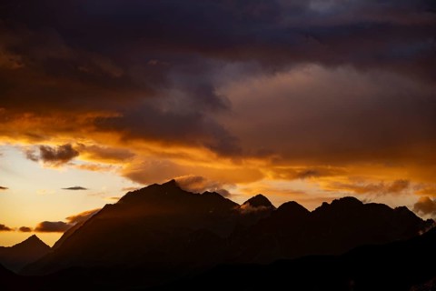 Montafon mountains with dramatic cloudy sky at sunset, Tschagguns, Rätikon, Montafon, Vorarlberg,
