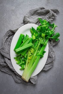 Fresh bunch of celery, top view, no people