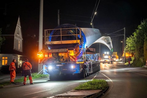 Transport of a 68 metre long, 22 tonne blade of a wind turbine, here in Schwelm, with a