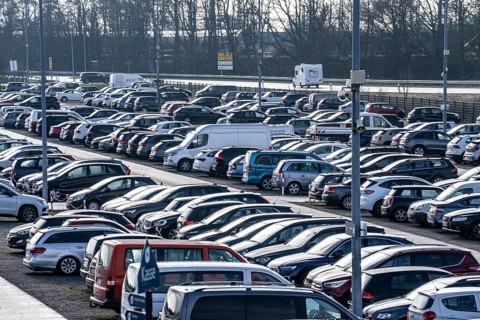 Large car park at the ferry terminal to the East Frisian islands of Norderney and Juist, Lower