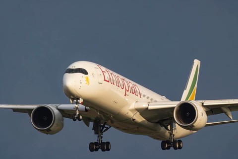 Aircraft approaching Zurich Airport. Registration: ET-ATY, Airbus A350-941, Ethiopian Airlines.