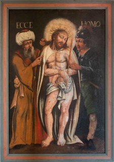 Medieval Lenten cloth in a frame, Dominican nunnery Wettenhausen, Swabia, Bavaria, Germany, Europe
