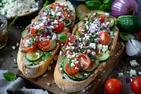 Slice of bread with cucumber, tomatoes and feta cheese. Generative Ai, AI generated