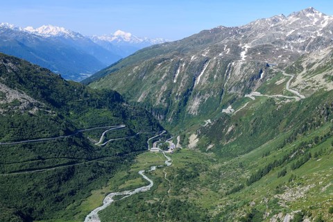 View from Furka road downhill rhône to left Furka road pass road to Furka pass centre river Rhone