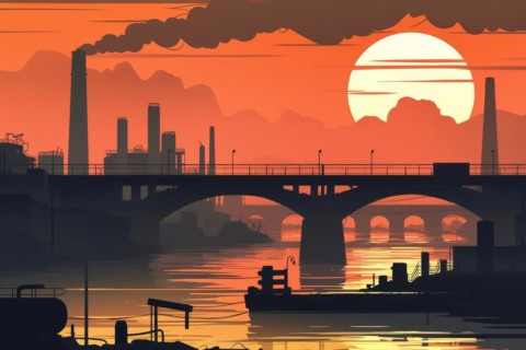 Illustration, graphic of an industrial landscape with bridges over a river, smoking chimneys at