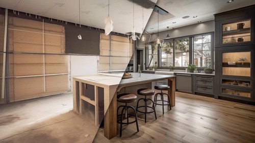 Luxurious custom kitchen upgrade interior before and after construction, generative AI, AI