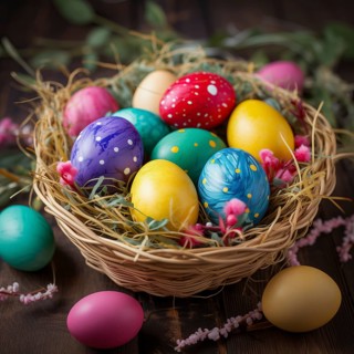 Easter celebration, featuring a collection of brightly colored eggs, each intricately painted with
