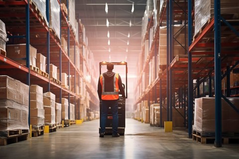 A worker in a reflective vest operates a forklift in a well-lit warehouse, navigating through