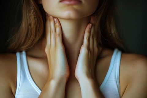 Close up of woman holding hands to throat. Generative AI, AI generated