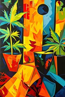 Abstract composition of a cannabis cafe with ambiance bold contrasting colors and playful shapes,